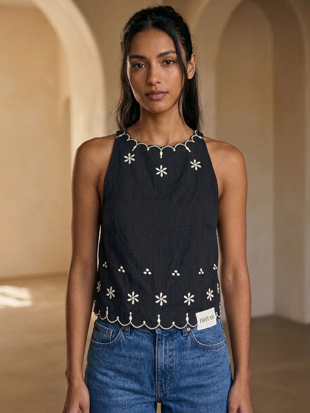 Free People Black Halter Cropped Camisole with Cream Floral Embroidery